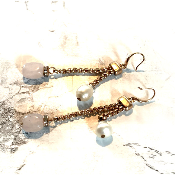 Vintage Rose Quartz Dangle Earrings Rose Gold Plated with Pearls & Rhinestones - Picture 5 of 8